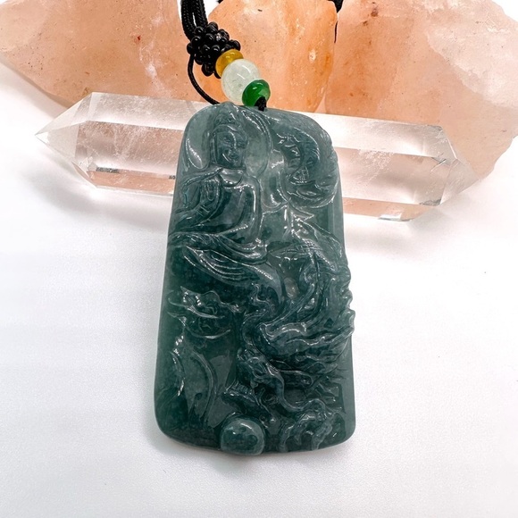 GRADE A Burmese Jadeite Jade Dragon & Kwan Yin Bodhisattva Hand Carved Pendant - Picture 8 of 12